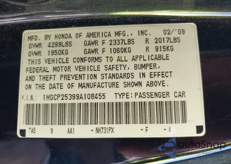 2009 Honda Accord 2.4 Lx from USA, damaged, VIN 1HGCP25399A108455